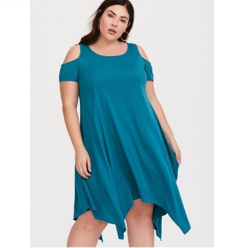 Torrid Mini Challis Turquoise Cold Shoulder Handkerchief Hem Date Night Dress 3X